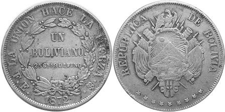 moneda Bolivia 1 boliviano 1872