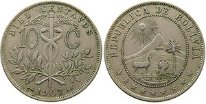 moneda Bolivia 10 centavos 1907