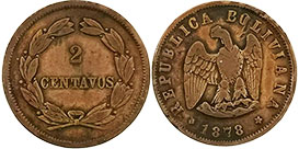 moneda Bolivia 2 centavos 1878