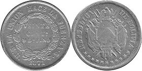 moneda Bolivia 20 centavos 1871