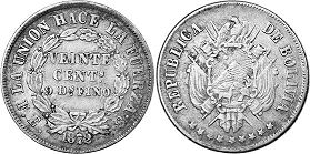 moneda Bolivia 20 centavos 1872