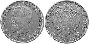moneda Bolivia 20 centavos 1879 Hilarión Daza