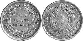 moneda Bolivia 20 centavos 1884