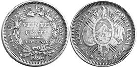 moneda Bolivia 20 centavos 1886
