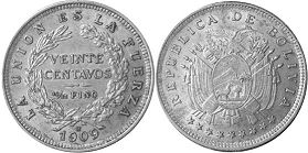 moneda Bolivia 20 centavos 1909