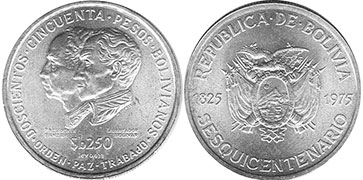 moneda Bolivia 250 pesos 1975 150 Aniversario de la Independencia