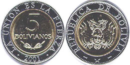 moneda Bolivia 5 bolivianos 2001