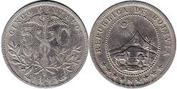 moneda Bolivia 5 centavos 1895