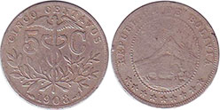 moneda Bolivia 5 centavos 1908