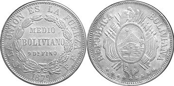 moneda Bolivia 50 centavos 1879