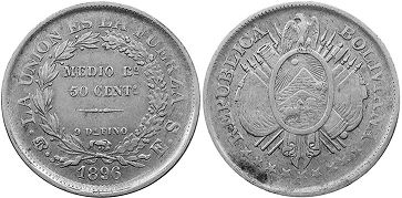 moneda Bolivia 50 centavos 1896
