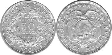 moneda Bolivia 50 centavos 1900