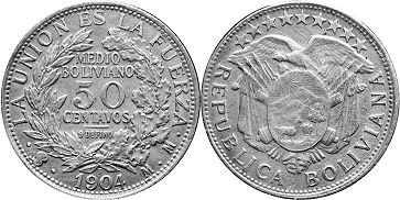 moneda Bolivia 50 centavos 1904