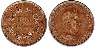 moneda Bolivia 1 bolivar 1951