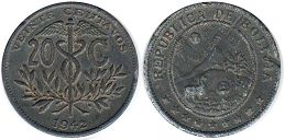 moneda Bolivia 20 centavos 1942