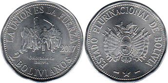 moneda Bolivia 2 bolivianos 2017 Colorados