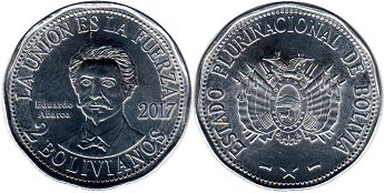 moneda Bolivia 2 bolivianos 2017 Eduardo Abaroa