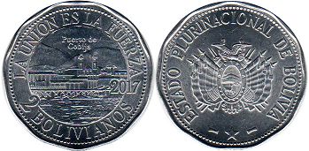 moneda Bolivia 2 bolivianos 2017 Puerta de Cobija
