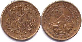 moneda Bolivia 50 centavos 1942