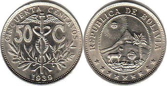moneda Bolivia 50 centavos 1939