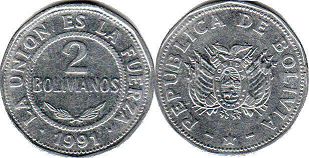 moneda Bolivia 2 bolivianos 1991