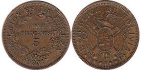 moneda Bolivia 5 bolivianos 1951