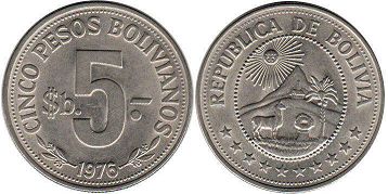 moneda Bolivia 5 pesos 1976