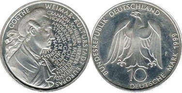 Moneda Alemania 10 mark 1990 Weimar - Kulturhauptstadt Europas
