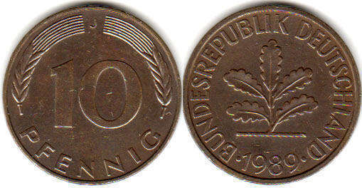 Moneda Alemania 10 Pfennig 1989