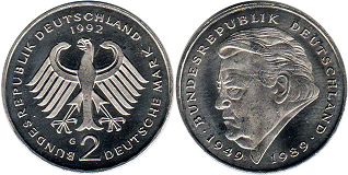 Moneda Alemania BDR 2 mark 1992 Franz Joseph Strauss