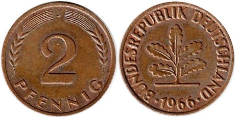 Moneda Alemania 2 Pfennig 1966
