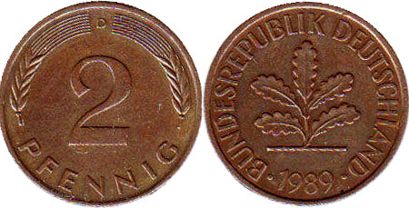 Moneda Alemania 2 Pfennig 1989
