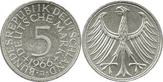Moneda Alemania 5 mark 1966