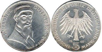 Moneda Alemania 5 mark 1968 Johannes Gutenberg