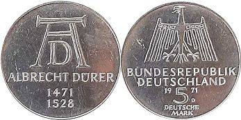 Moneda Alemania 5 mark 1971 Albrecht Dürer