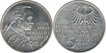 Moneda Alemania 5 mark 1974 Emmanuel Kant