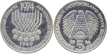 Moneda Alemania 5 mark 1974 Verfassungsrecht