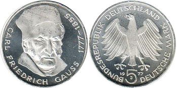 Moneda Alemania República Federal de Alemania (BRD) 5 mark 1977 Federico Gauss
