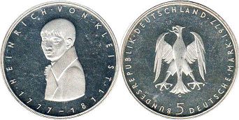 Moneda Alemania 5 mark 1977 Heinrich de Kleist