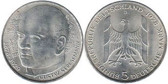 Moneda República Federal de Alemania (BRD) 5 mark 1978 Gustav Stresemann