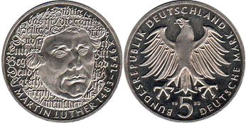 Moneda Alemania BDR 5 mark 1983 Martin Luther