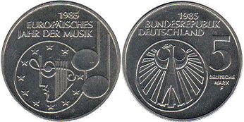 Moneda Alemania BDR 5 mark 1985 Año der Musik