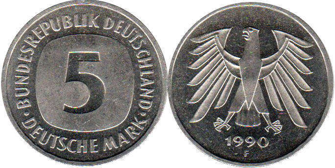 Moneda Alemania 5 mark 1990
