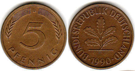 Moneda Alemania 5 Pfennig 1990