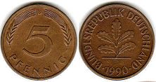 Moneda Alemania 5 Pfennig 1990