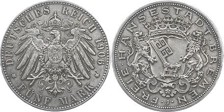 Moneda Bremen 5 mark 1906