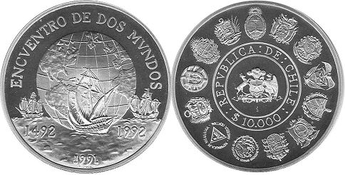 Chile coin 10000 pesos 1991 descubrimiento of América