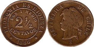 Chile coin 2 1/2 centavos 1886