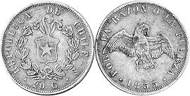 Chile coin 20 centavos 1855