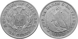Chile moneda 20 centavos 1892